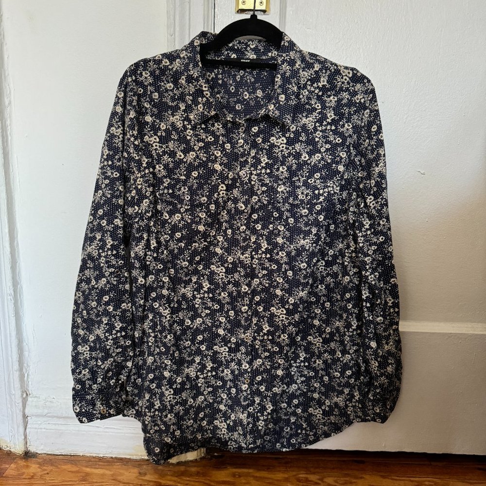 Navy blue floral button down blouse